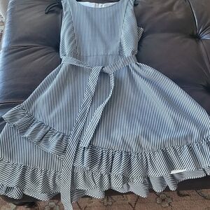 Blush by Us Angels Navy and White Striped Ruffle Hem Dress with Waist Tie